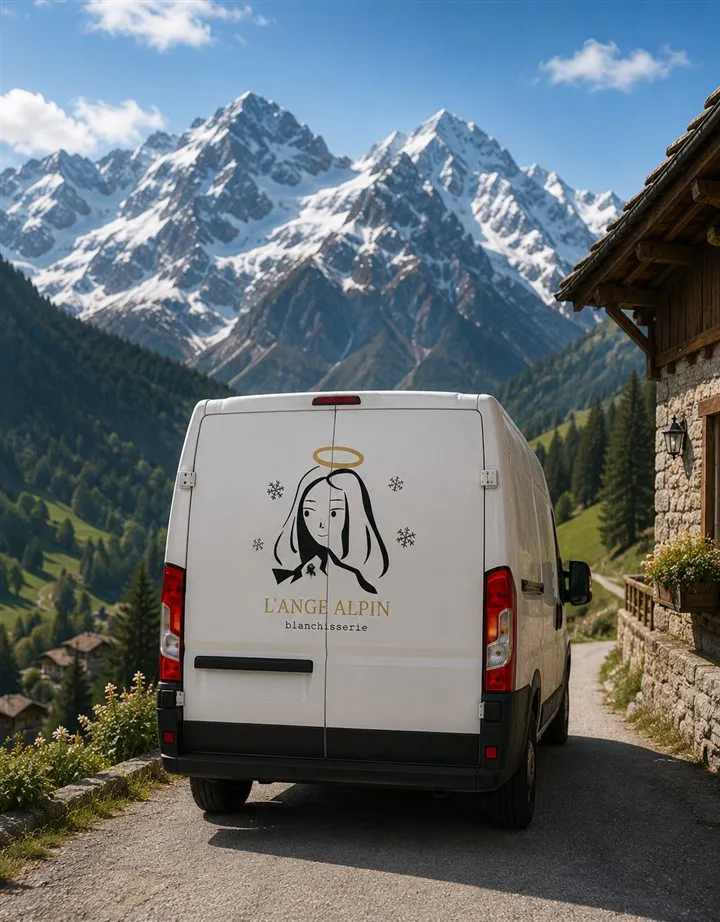 Fourgon de collecte et livraison L'Ange Alpin Blanchisserie sur une route de montagne face aux sommets enneigés