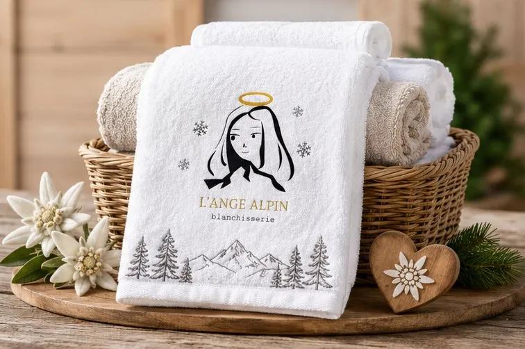 Panier de linge brodé L'Ange Alpin Blanchisserie dans un chalet, avec edelweiss