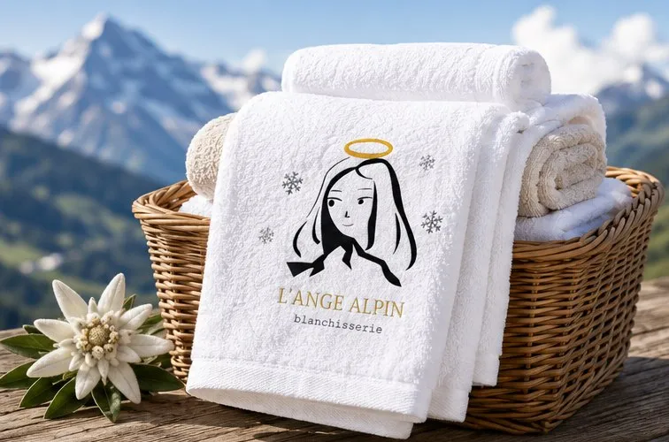 Panier en osier de serviettes brodées du logo L'Ange Alpin Blanchisserie devant les montagnes enneigées