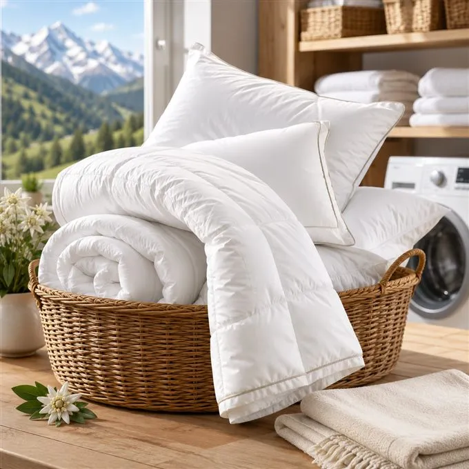 Couette roulée et oreillers moelleux dans un panier en osier