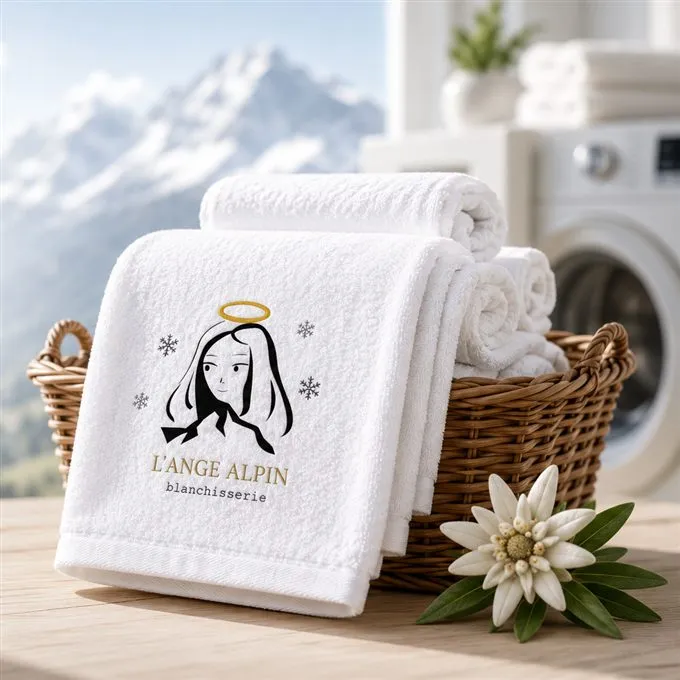 Panier de serviettes fraîchement lavées et brodées L'Ange Alpin devant les montagnes