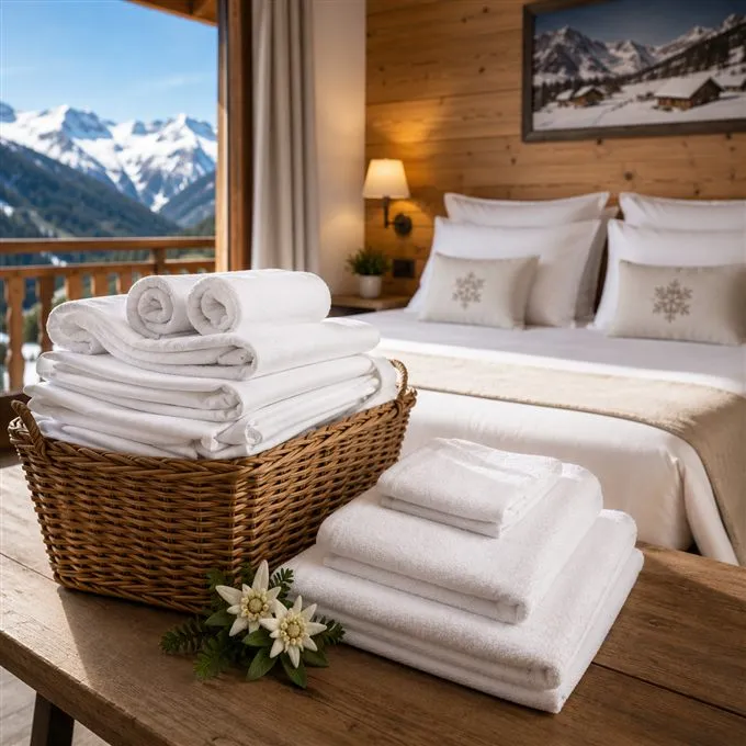 Parure de lit et linge de bain pliés dans une chambre de chalet face aux montagnes