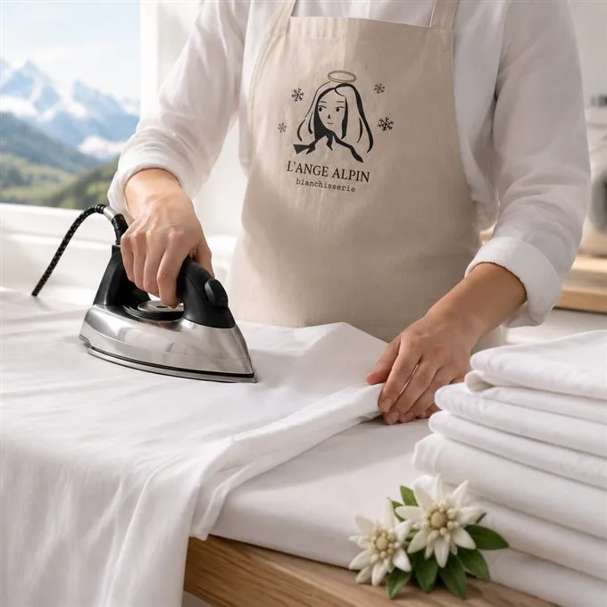Repassage à la main d'un drap blanc avec le tablier L'Ange Alpin Blanchisserie